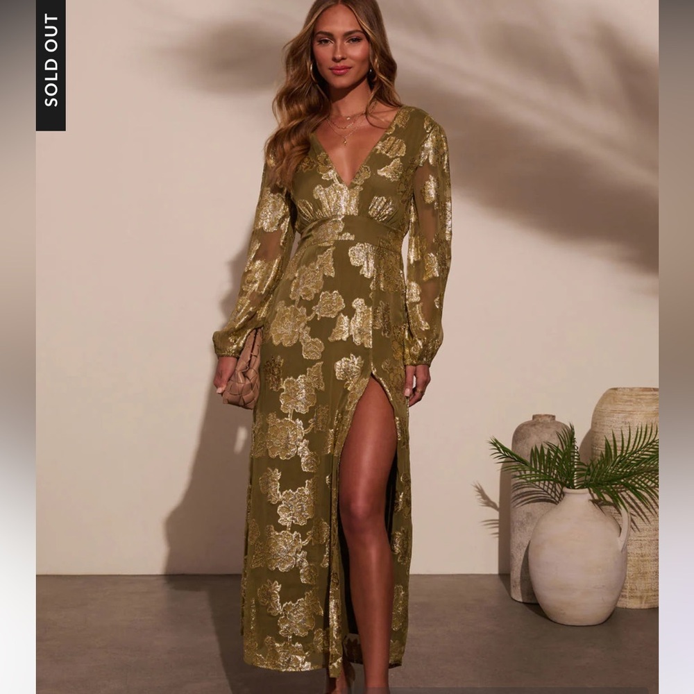 VICI Collection Olive Gold Metallic Floral Maxi Dress Slit